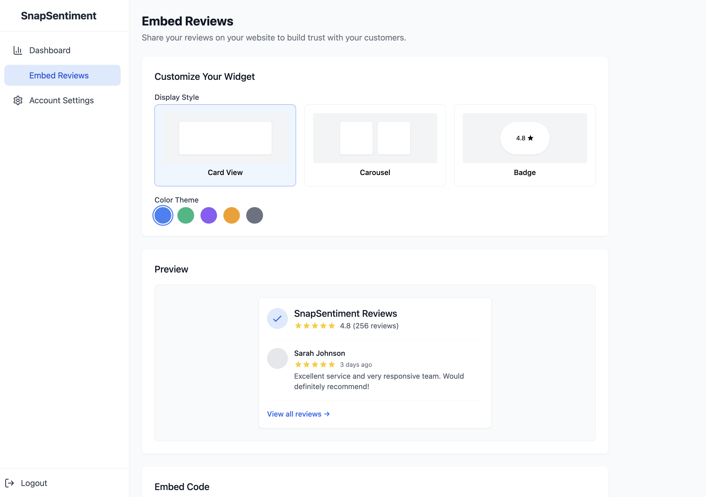 Embed Reviews Management Interface